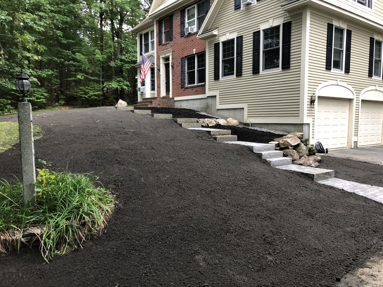 Falmouth Maine Lawn, Granite Steps & Paver Walkway